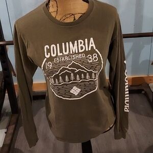 Columbia Olive Green Crewneck Sweater with White Graphic